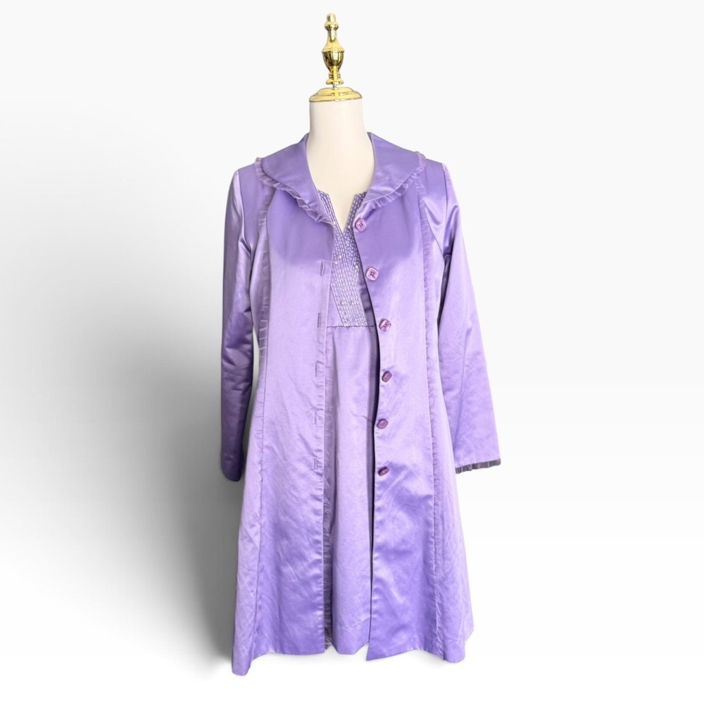 Vintage 90s OSCAR de la Renta Lavender Satin Dress Coat Set Beaded Medium